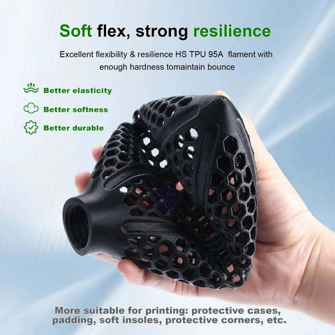 Hand holding a flexible black TPU 3D print with hexagonal design, highlighting the Black 1.75mm TPU Filament 95A 1Kg for FDM 3D printers.