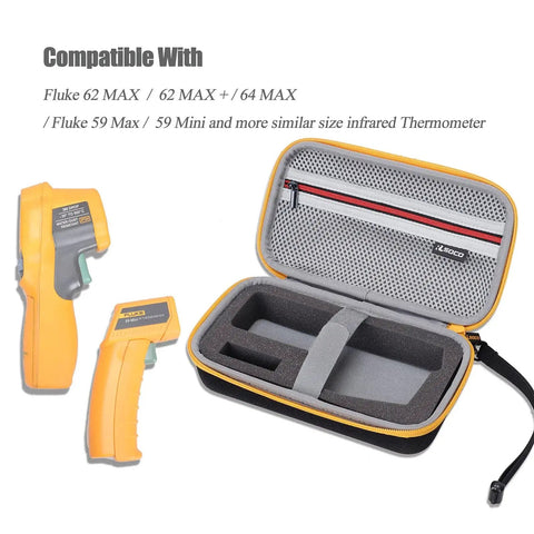 Hard Case For Infrared Thermometers 62 Max 59 Max 64 Max With YKK Zipper next to open molded EVA interior case and thermometers.