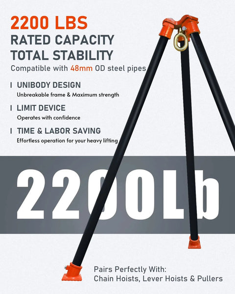 Industrial-Grade Tripod Head And Base Set For Heavy Lifting, 2200 Lbs Capacity, unibody design, and 48mm OD steel pipes