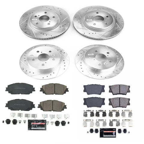 PowerStop front and rear drilled/slotted brake rotors with ceramic pads for Toyota Camry 2018–24; complete kit.