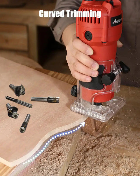 Beefy 630W Wood Router Tool With Fixed Base in use, edge trimming wood, visible trim bits, compact design, 35000 RPM speed