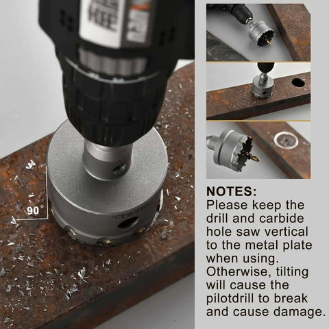 2 Inch 51mm Tungsten Carbide Hole Saw With Titanium Plated Pilot Drill Bit cutting through metal plate