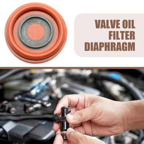 Red rubber valve oil filter diaphragm, circular seal; engine bay with installer holding a small black valve part