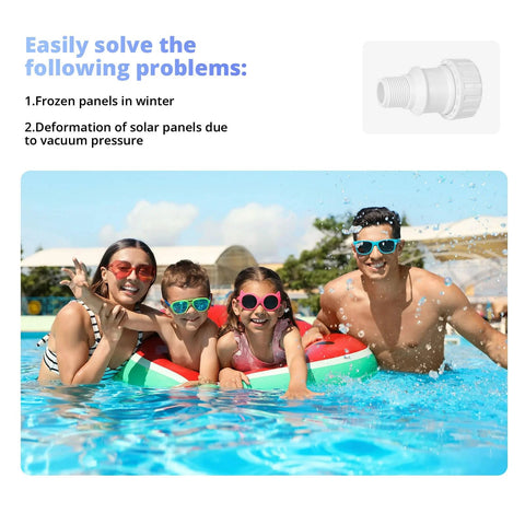 Vacuum relief valve for pool solar panels, white PVC 3/4-inch; inset valve with a family swimming in a sunny pool.
