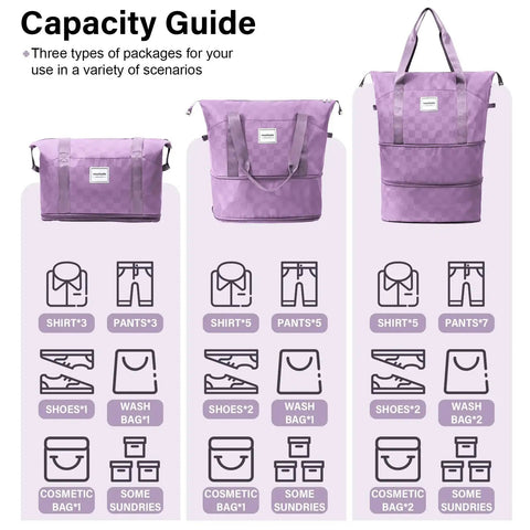Capacity guide for expandable rolling duffel bag with wheels detachable carry on luggage 30L to 60L capacity versatile travel suitcase lavender checkerboard.