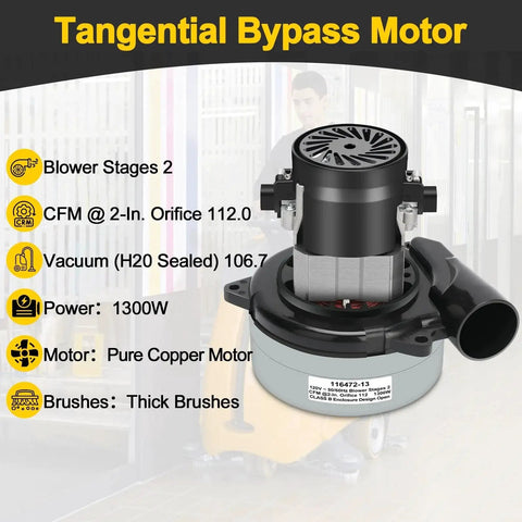 Front view: Vacuum motor replacement, 2-stage, 5.7 in. dia, 112 CFM, copper motor