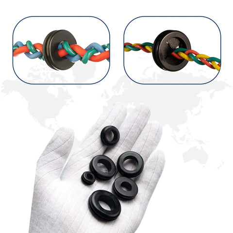 Hand holding Pro Grade Rubber Grommet Kit For Wiring Pack Of 190 showing grommets and cable threaded through grommet.