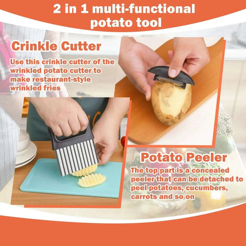 Crinkle Cutter Waffle Fry Cutter Stainless Steel French Fry Slicer for Fries and Veggie Chips in use showing wavy slices.