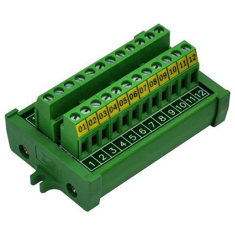 Durable Screw Mount Terminal Block Distribution Module, 12 Positions, 24A Per Position, 400V Rating, 5.0 mm Pitch, green housing.