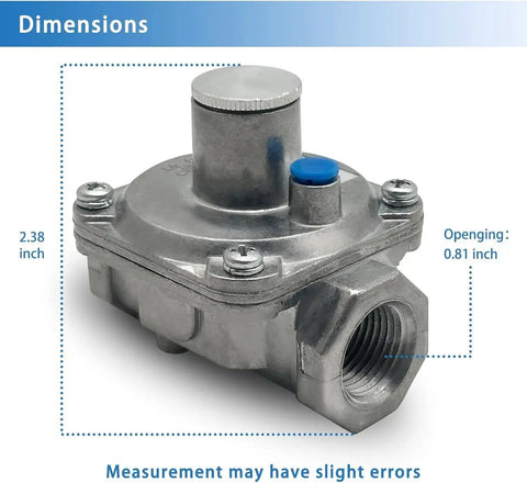 Natural Gas Regulator For Grills And Stoves, One Half Inch Inlet With Two Brass Adapters, visible dimensions and opening size