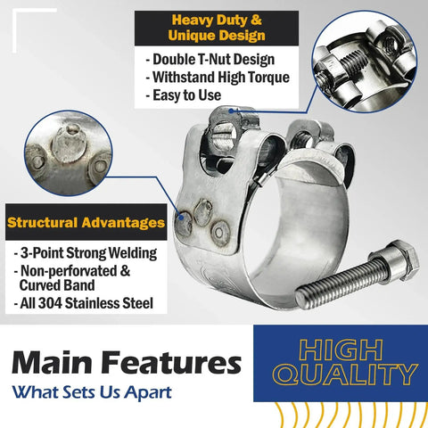 Heavy Duty 304 Stainless Steel T Bolt Hose Clamps For 86-91 Mm Hoses, Wide Band With Solid T Nuts, Adjustable Range 3.39-3.58 Inches