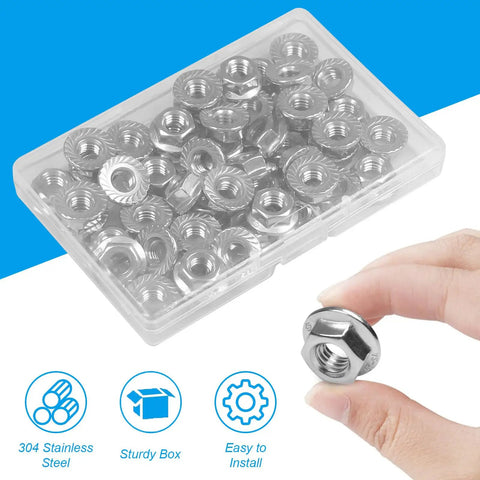 Stainless Steel 304 Serrated Flange Hex Nuts Kit M6 X 1mm Full Thread 50 Pcs Beefed Up Locknuts in clear box, hand holding one.