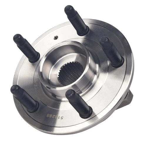 Pair Front And Rear Wheel Bearing Hub Assemblies With ABS Fit For 2010 2020 Chevy Impala Malibu Equinox GMC Terrain Cadillac CTS XTS Buick Regal LaCrosse Saab Nine Five 5 Lug Drop In Ready Replacement Kit close-up of a 5-lug hub