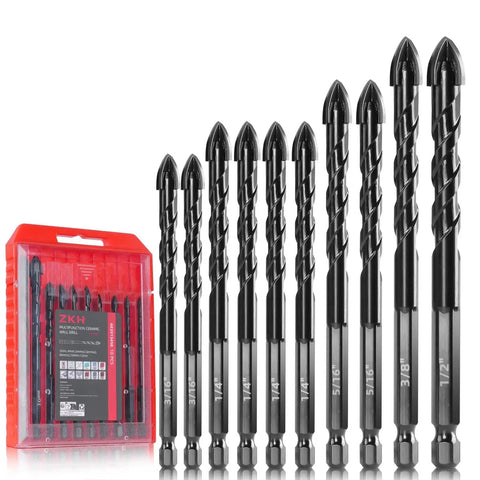 10 Piece Masonry Drill Bit Set Cemented Carbide Bits 3 16th To 1 2 Inch For Concrete Ceramics Glass And Brick display