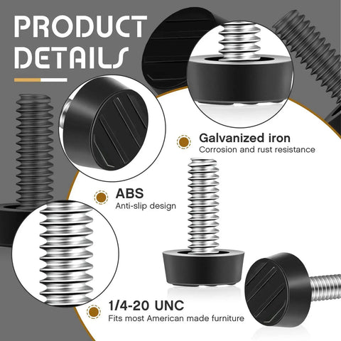Product details of 1/4-20 UNC Adjustable Furniture Leveling Feet Kit with galvanized steel screws and ABS base close-ups