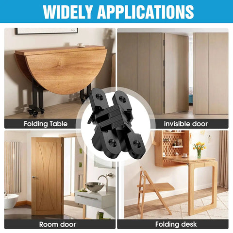 Invisible Cabinet Hinges 180 Degree Concealed Cross Hinges In Black Zinc Alloy 4 Pack shown in room door and folding table use
