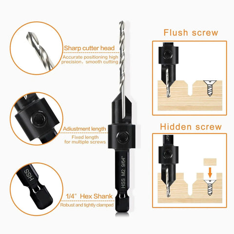 Diagram of 3 Pack Countersink Drill Bit Set For Woodworking With 3 In 1 Functionality showing cutter head, adjustable length, hex shank.