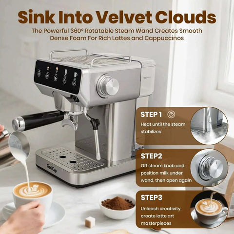 Espresso Machine With 20 Bar Pressure, Touchscreen Interface, Milk Frother And Hot Water in a kitchen setting