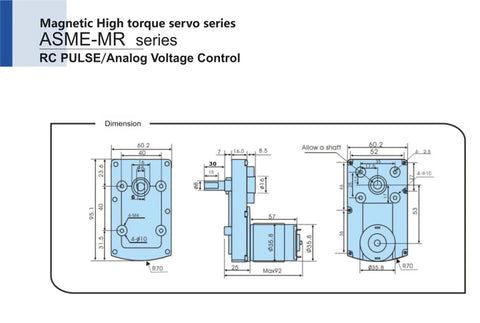 ASME-MRB high-torque servo blueprint with front and side views and shaft dimensions