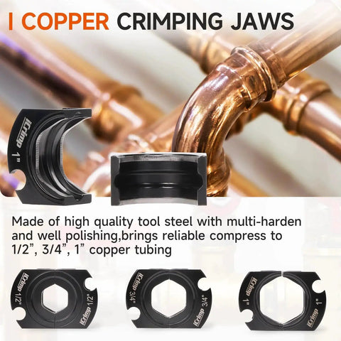 Copper crimping jaws shown with 1/2, 3/4, and 1 inch tubing; part of ProPress Copper Pipe Press Tool Kit With Cutter And Deburring Tool For Leak Free Connections On Half Inch Three Quarter Inch And One Inch Tubing Automatic Locking Crimper 360 Degree Rotating Head Extendable Handles Slip Proof Grips By IWISS.
