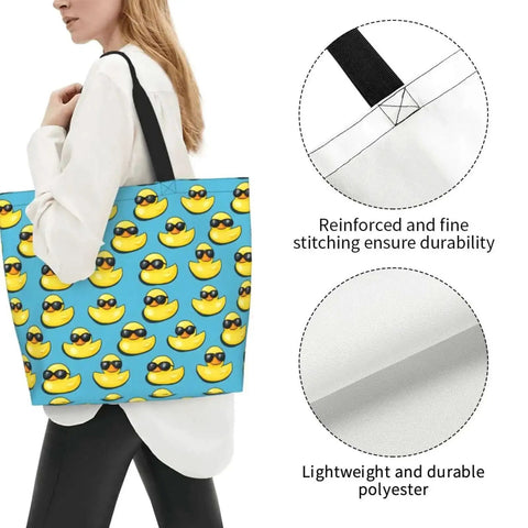 Big Lightweight Tote For Women With Cool Duck Sunglasses Print Reusable Foldable Travel Shoulder Bag Water Repellent Polyester Everyday Carry For Work Shopping And Daily Errands