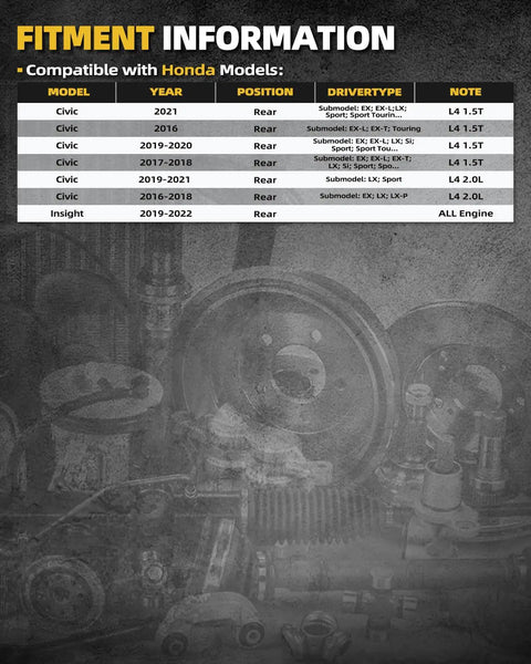 Rear Wheel Bearing And Hub Assembly 512570 Fits Honda Civic 2016 To 2021 And Honda Insight 2019 To 2022 fitment chart