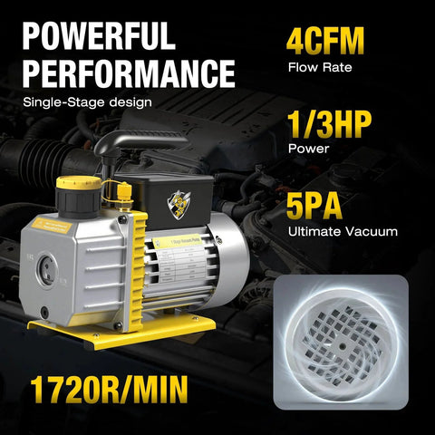 Workhorse 4 CFM 110V One Third HP A2L Single Stage Rotary Vane Vacuum Pump displayed with specifications