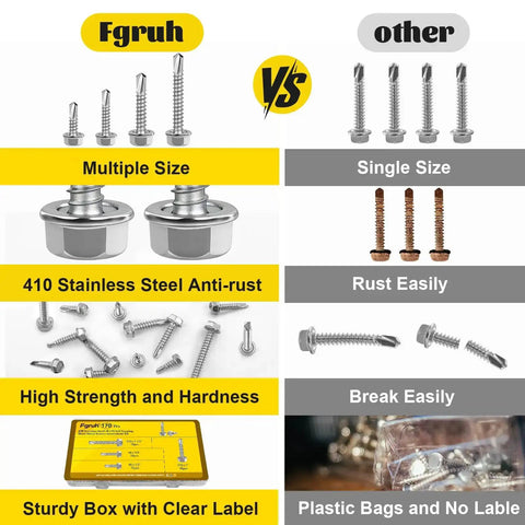 Comparison chart of self tapping screws assortment kit for metal, 170-piece set in 410 stainless steel vs other screws.