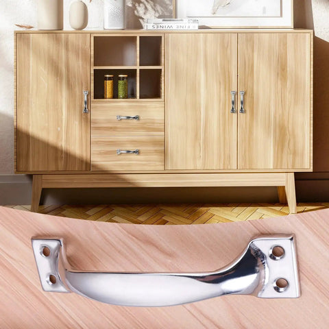 Galvanised Bow Door Handle Set 10 Pcs Durable Silver Outdoor Indoor Hardware installed on wooden cabinet in 100mm size