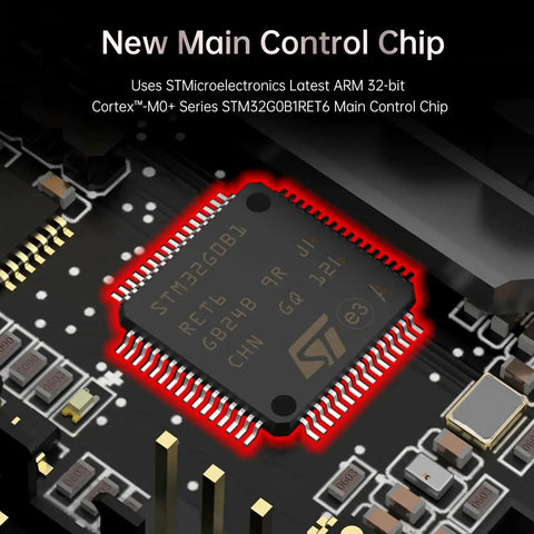 Close-up of SKR Mini E3 V3.0 32Bit Control Board STM32G0 MCU chip with TMC2209 UART for Ender 3 Pro 3D printer upgrade.