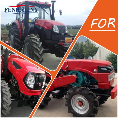 Collage of three images showing a red farm tractor from different angles: front, side, and close-up views.