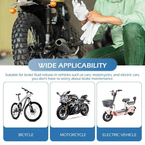 Bawkars 2-piece brake bleeder hose kit for automotive use; mechanic kneeling beside a motorcycle in a workshop.