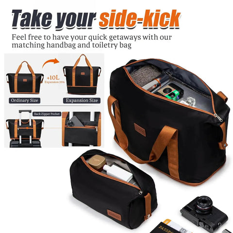 Travel backpack and toiletry bag set with expansion feature from the 5 Piece Luggage Set With Spinner Wheels ABS Hard Case Suitcases.