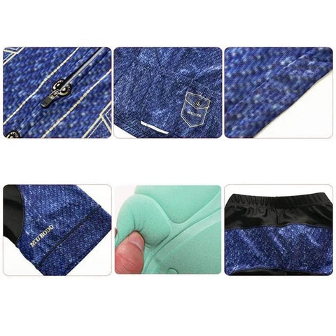 Close-up details of blue fabric with zippers, pocket, stitching, padded material, and elastic waistband.