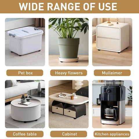 Product uses for four pack self adhesive caster wheels 1.37 inch diameter, showing applications on storage bins, furniture, and appliances.