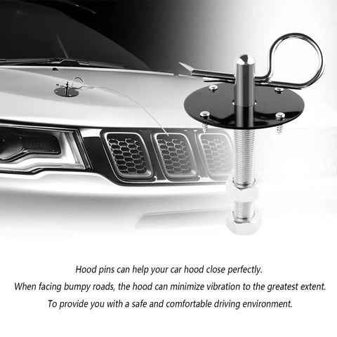 Stainless Steel Hood Pin Lock Clip With Racing Lanyard for beefed up hood fixing and reducing shake on cars, trucks and SUVs.