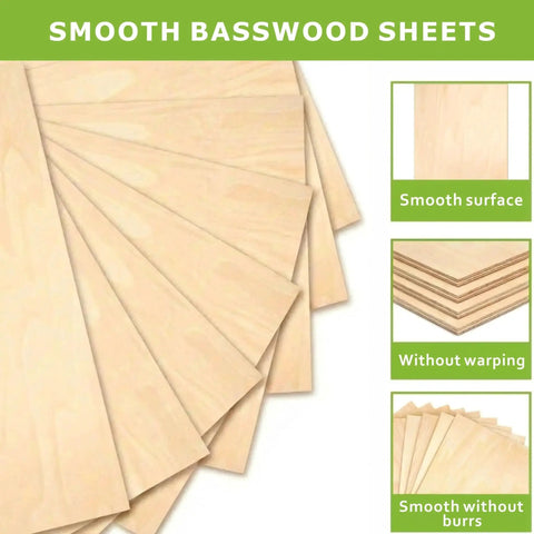 Four Pack Basswood Sheets One Eighth Inch Thick Twelve By Twelve Inches Smooth Surface Perfect For Laser Cutting Engraving Burning DIY Models Painting And Craft Projects, showing smooth and flat basswood sheets.