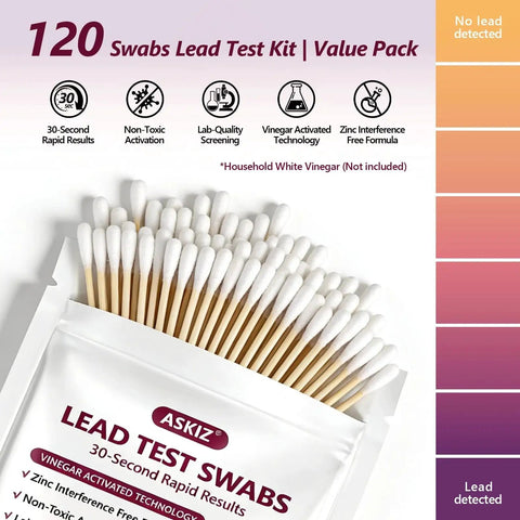 Image of 120 Swabs Lead Test Kit for Home Use with Quick 30 Second Results. Packaging and swabs visible with color chart.