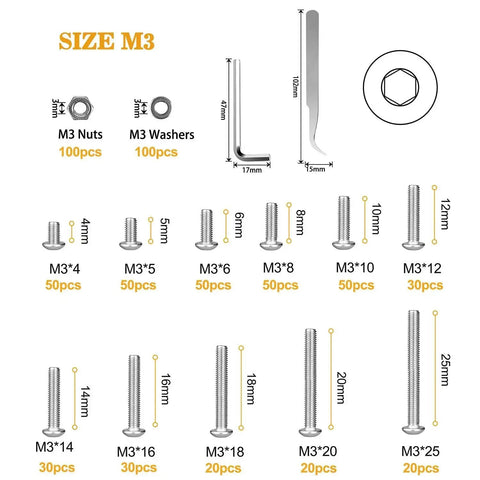 Diagram of Stainless Steel M3 Button Head Socket Cap Screws Bolts Nuts And Flat Washers 570 Piece Assortment Kit With 11 Lengths