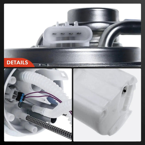 Close-up of Replacement Electric Fuel Pump Module Assembly With Sending Unit for Chevy Silverado and Sierra HD trucks showing connectors.