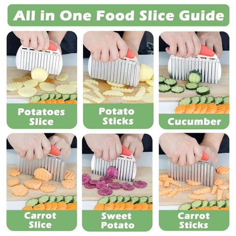 Crinkle Cut Potato Cutter And Veggie Slicer With Stainless Steel Blade For French Fries And Chips, showcasing various vegetable cuts.