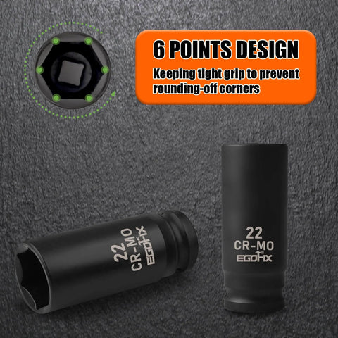 Deep Impact Socket 22mm For One Half Inch Drive, CR-MO 6 Point Metric Socket With Black Phosphoric Acid Coating, front and top view
