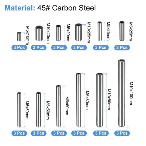 Dowel Pin Set With Internal Thread M3 M4 M6 In Carbon Steel Chamfered Flat Cylindrical Pins 36 Pieces 12 Sizes Pro Grade