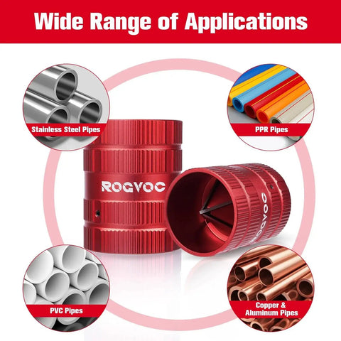 Deburring Tool For Pipe Chamfering And Deburring Reamer With Four Solid Cutting Edges Fits 1/4 Inch To 1-5/8 Inch Tubes For PVC Copper And Aluminum Pipes Red with images of various pipe applications.