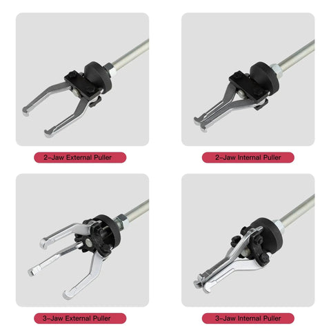 Nine Way Slide Hammer Puller Set with 2-Jaw and 3-Jaw External and Internal Pullers shown separately.