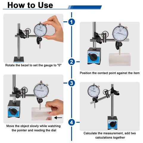 Steps to use Precision Dial Indicator With Magnetic Base Rpeconu Pro Grade 0-1 Inch Range And 0.001 Inch Resolution