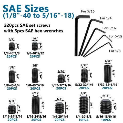 Must Have Heavy Duty Set Screw Assortment Kit 550 Pcs 25 Sizes Metric SAE Grub Screws M3 To M8 And 1/8 To 5/16 Inch Black 12.9 Alloy Steel