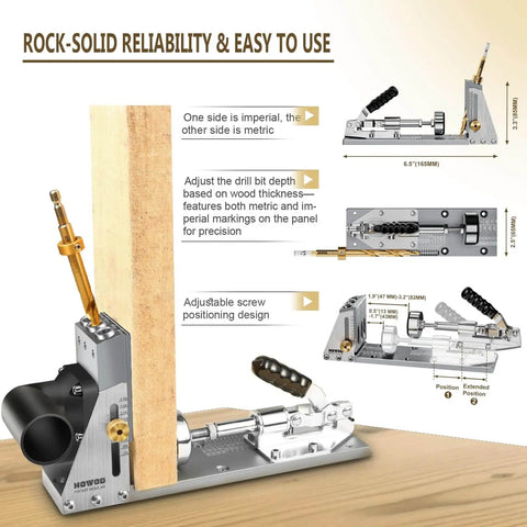 Pocket Hole Jig Kit For Precision Woodworking With Detachable Vacuum Adapter Pro Grade Metal Pocket Screw System Titanium Drill Bits Three Pack At Three Eighths Inch Ultra Sharp And Durable Fits Wood Thickness From One Half Inch To Three And One Eighth, showing woodworking tool in use with wood panel.