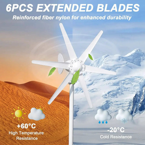 OSKOPWRC 800W wind turbine generator with six white blades on a tall mast for off-grid 12V/24V use.