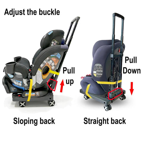 Car Seat Dolly For Airport Travel Cart With Foldable Luggage Trolley And Strong Wheels with car seat secured and instructions shown